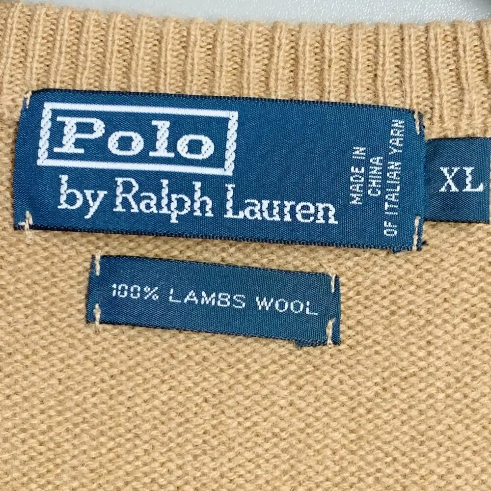 POLO by RALPH LAUREN Size XL Tan Wool Knit V-Neck Sweater - Picture 8 of 9